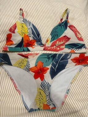 Hollister Floral Tropical One-Piece Swimsuit - White with Red, Teal & Yellow